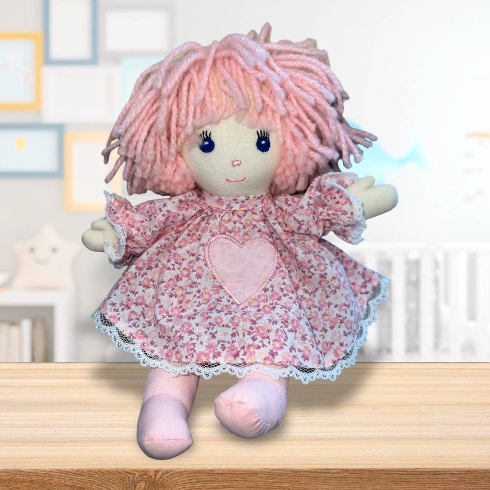 Vtg Dolls By Pauline Small Cloth Rag Yarn Pink Doll Floral Dress With Heart